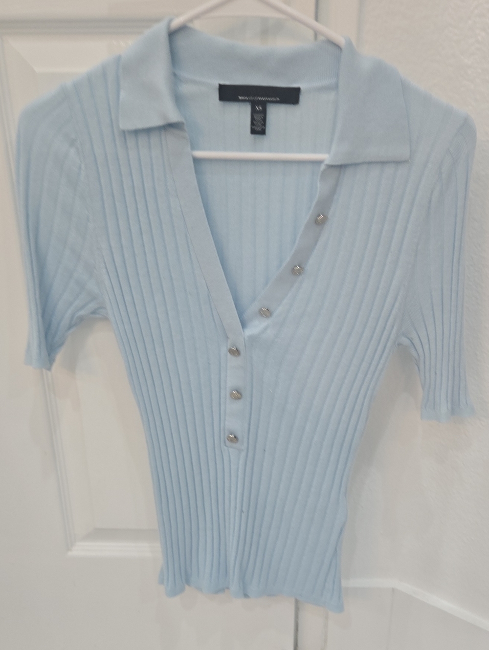 White House Black Market Light Blue Ribbed Collared Button Tee